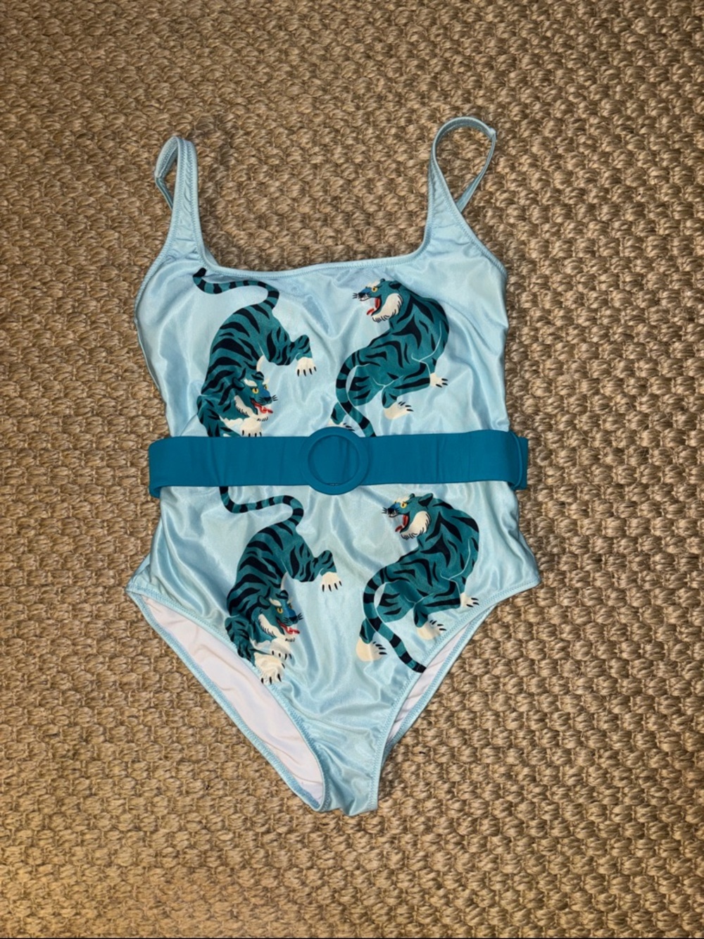 Light Blue One-Piece Swimsuit with Tiger Print and Waist Belt